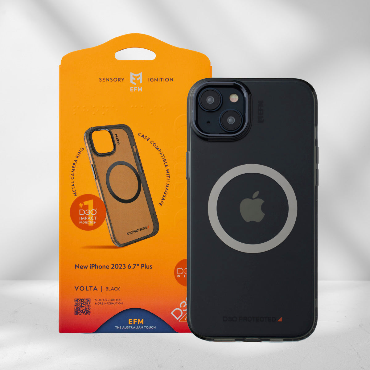 EFM Volta Black iPhone 15 Plus case with its original retail packaging