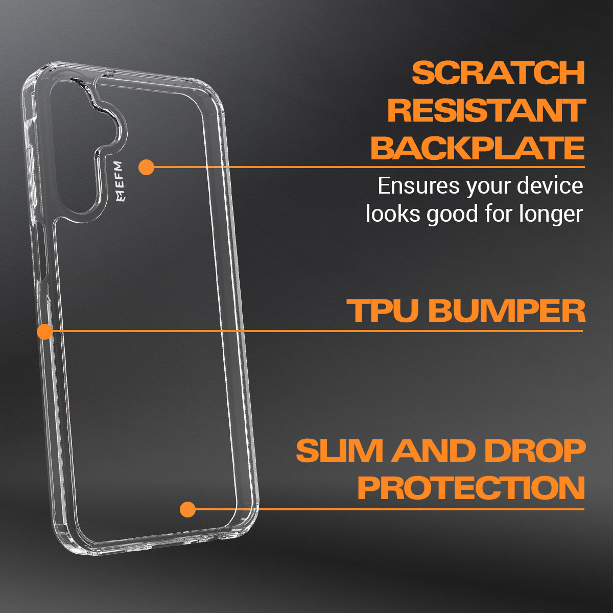 EFM Galaxy A25 5G clear case showing scratch-resistant backplate and TPU bumper features