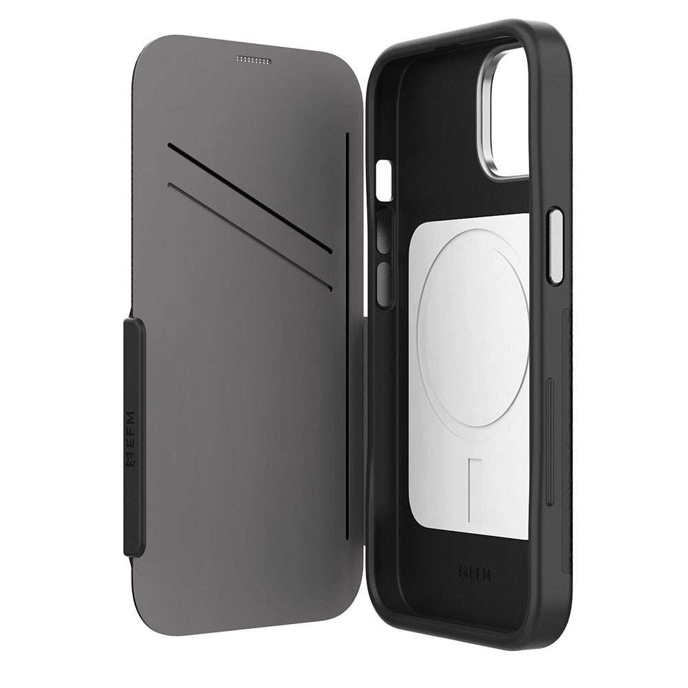 EFM Monaco iPhone 14 Plus wallet case open, showing card slots and MagSafe-compatible interior