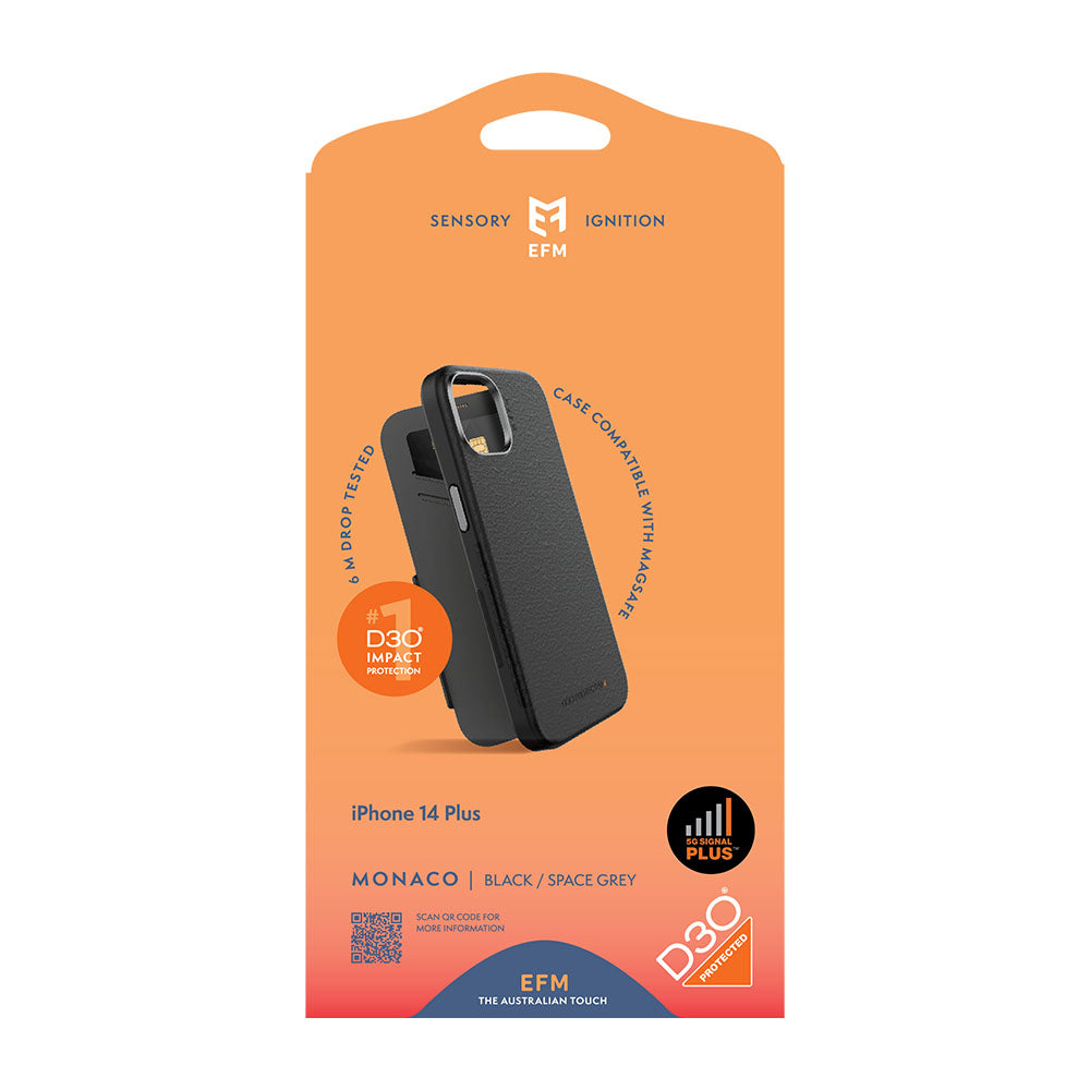 EFM Monaco Black and Space Grey wallet case retail packaging for iPhone 14 Plus