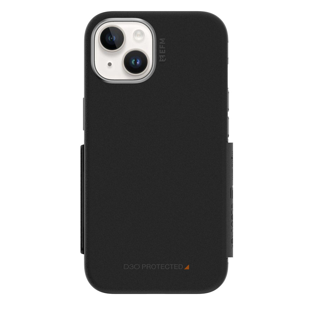 EFM Monaco ELeather wallet case for iPhone 14 Plus in Black and Space Grey, rear view with phone