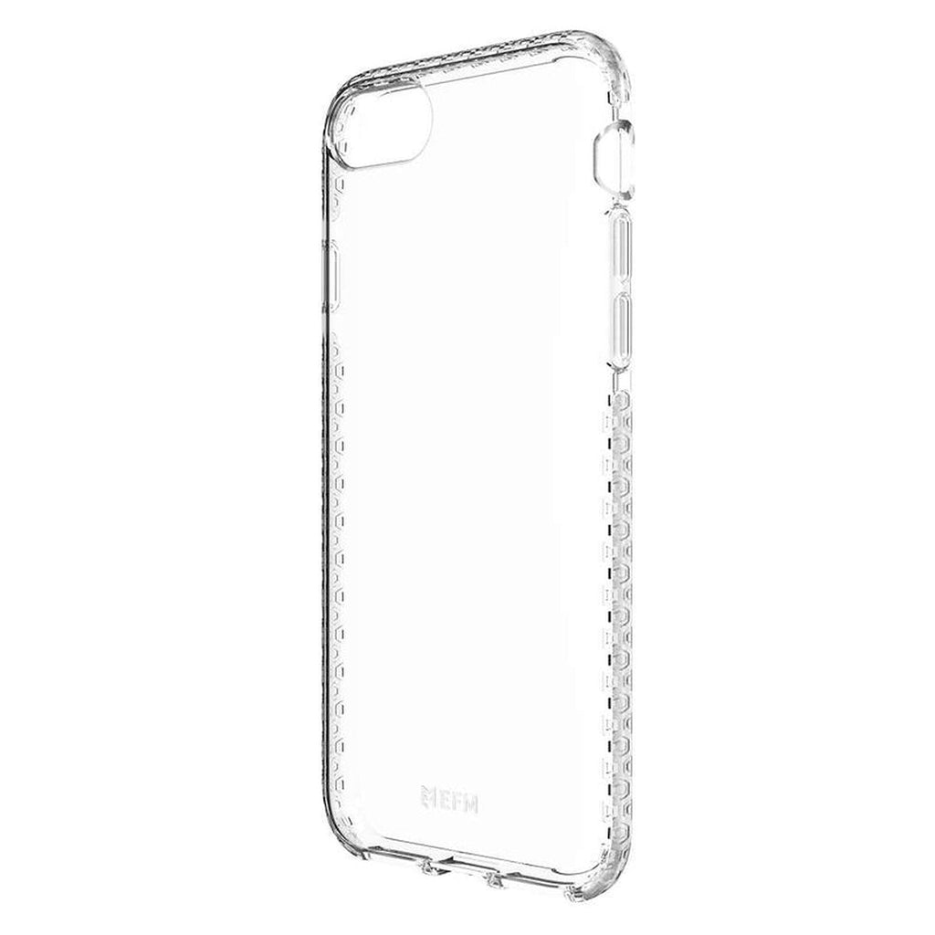 EFM Zurich clear iPhone case, angled rear view showing camera opening and textured sides