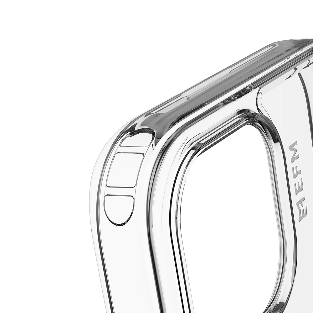EFM Zurich iPhone 15 Plus clear case showing the camera opening and protective corner