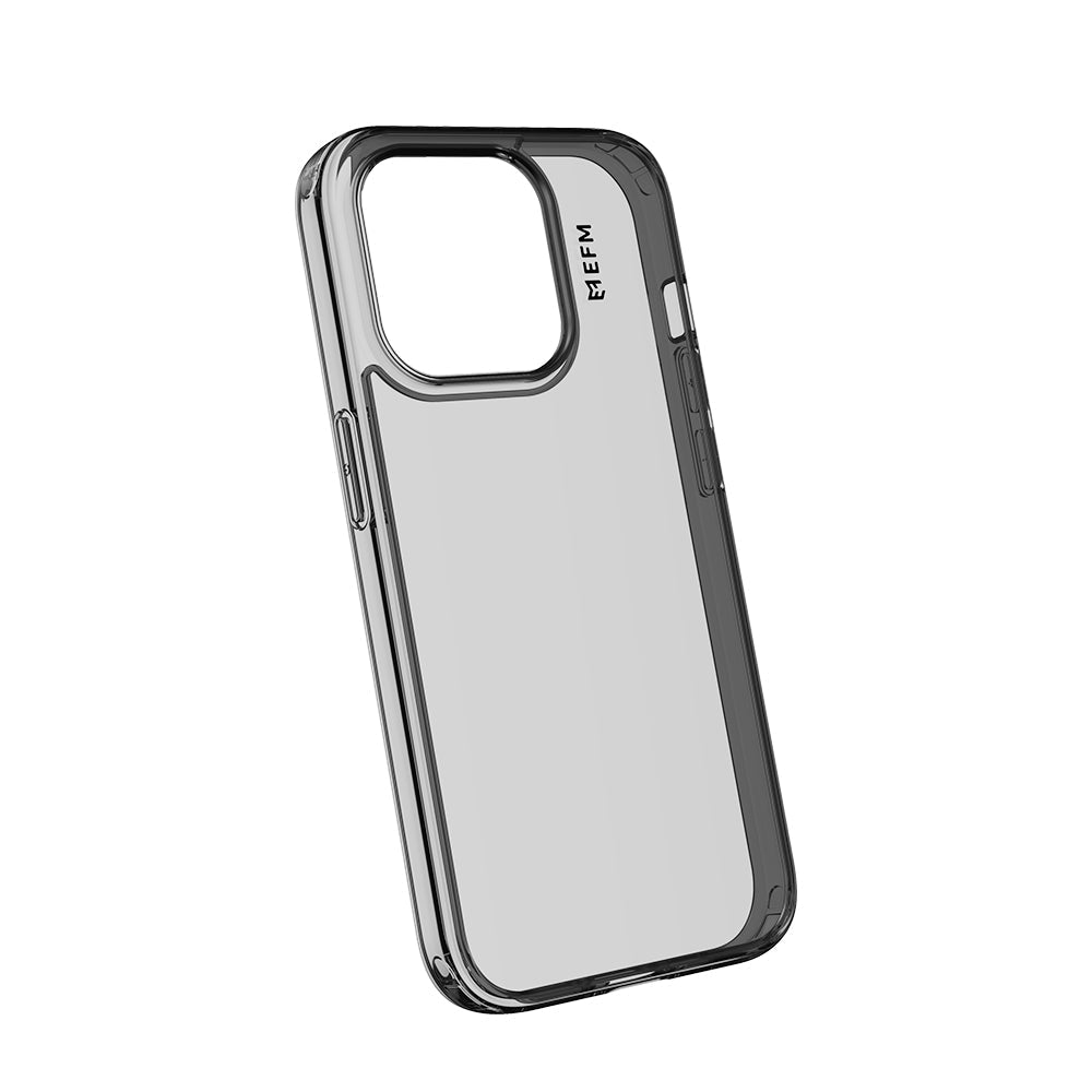 EFM Zurich Smoke Black case for iPhone 15 Pro Max, angled empty case view
