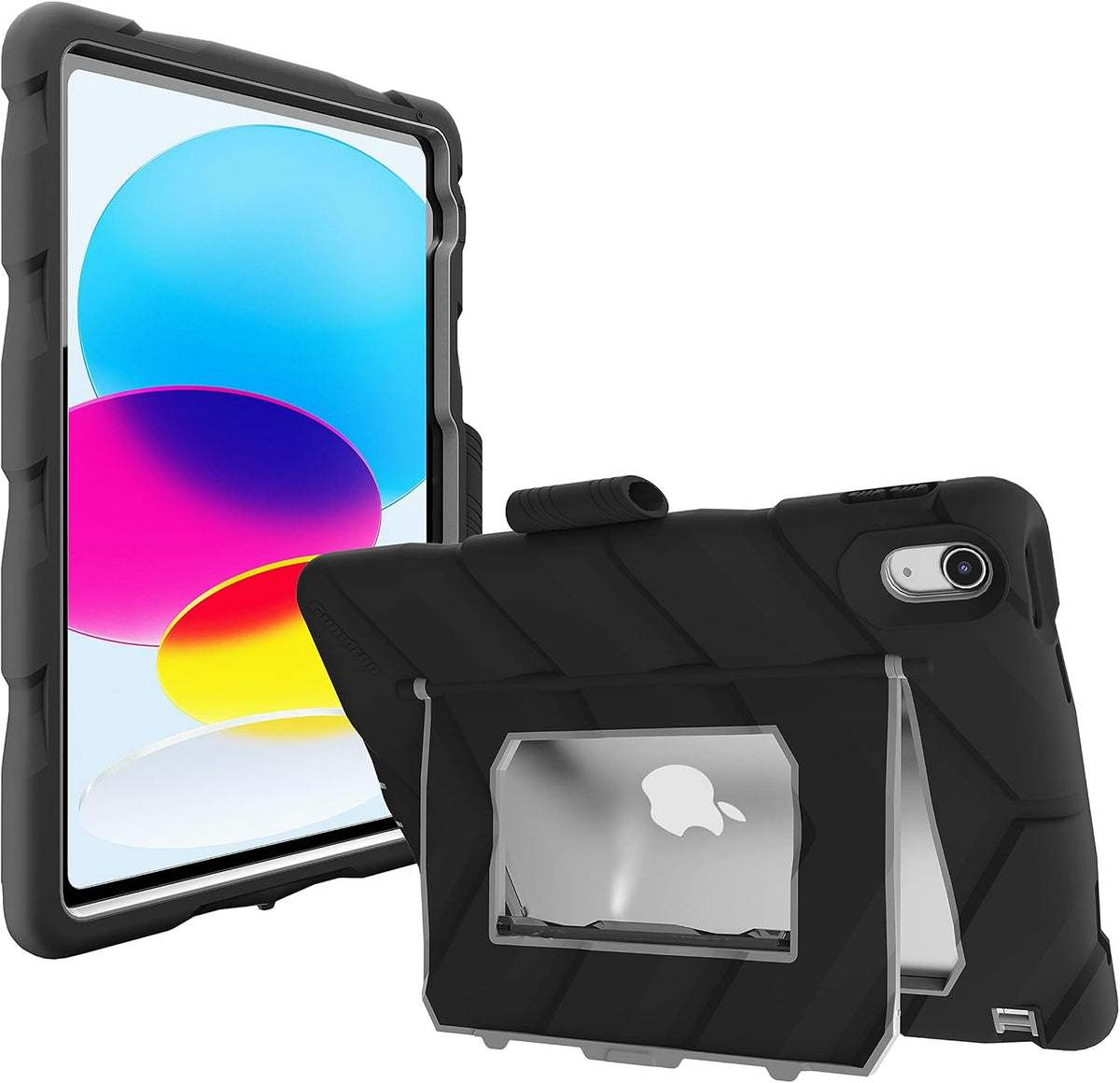 Front and rear views of the black Gumdrop Hideaway 03A011 iPad case