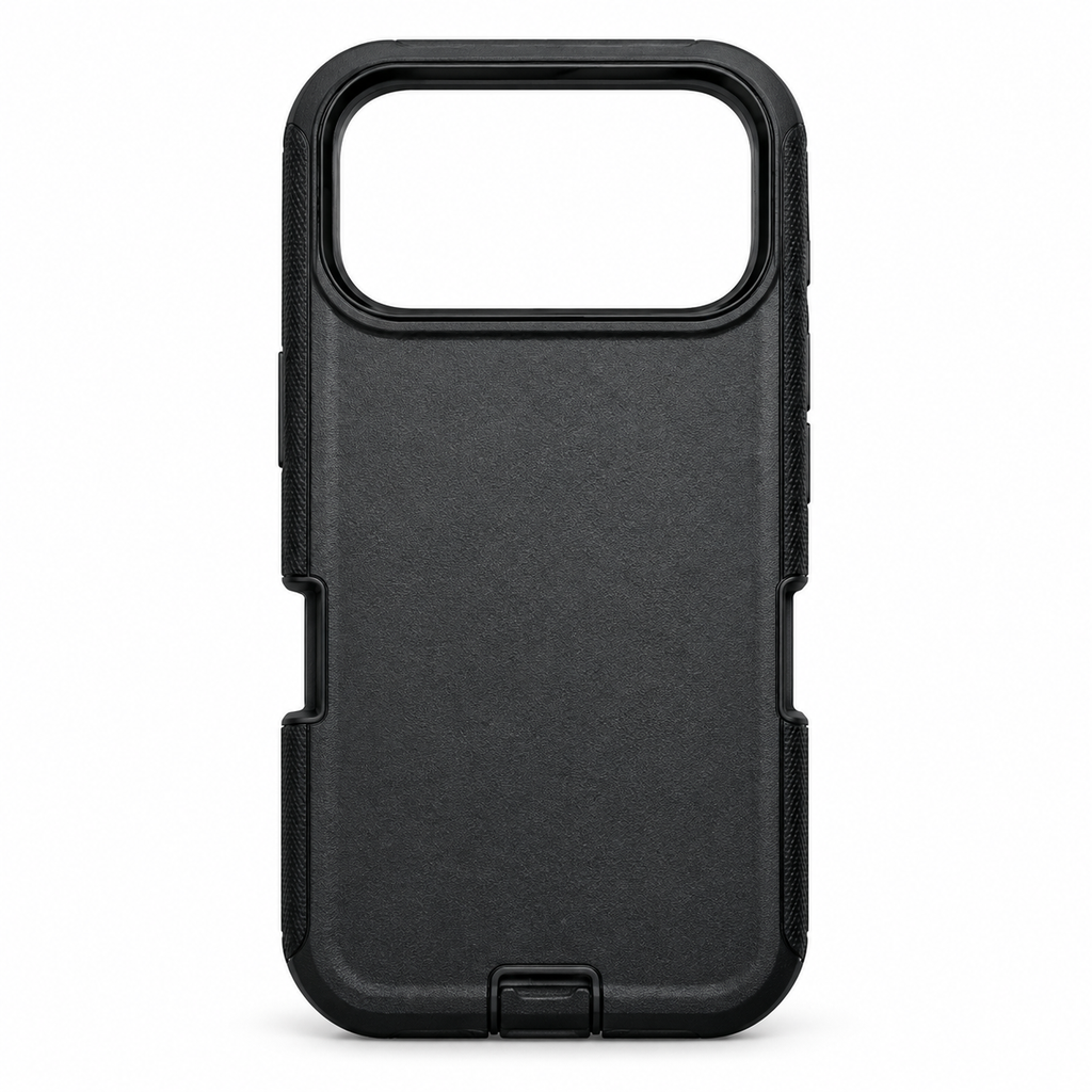Black heavy duty case for iPhone 17 Pro, case only on white background