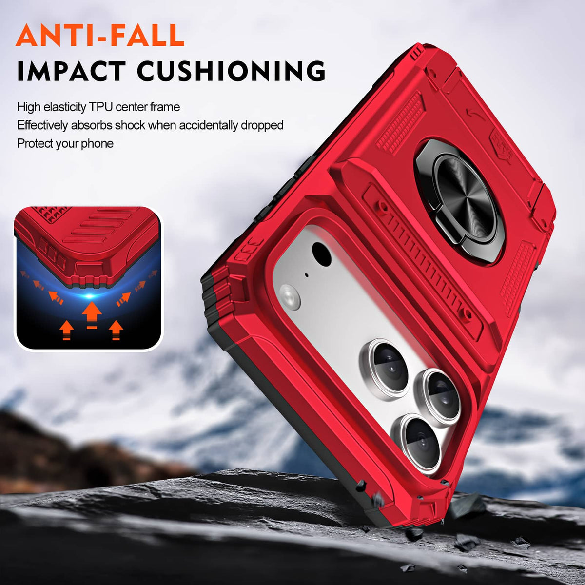 Red iPhone 17 Pro Max rugged case showing TPU cushioning and reinforced corners