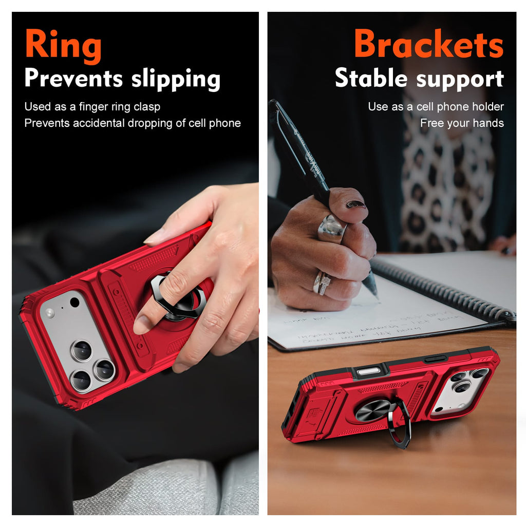 Red iPhone 17 Pro Max case demonstrating the finger ring grip and hands-free stand