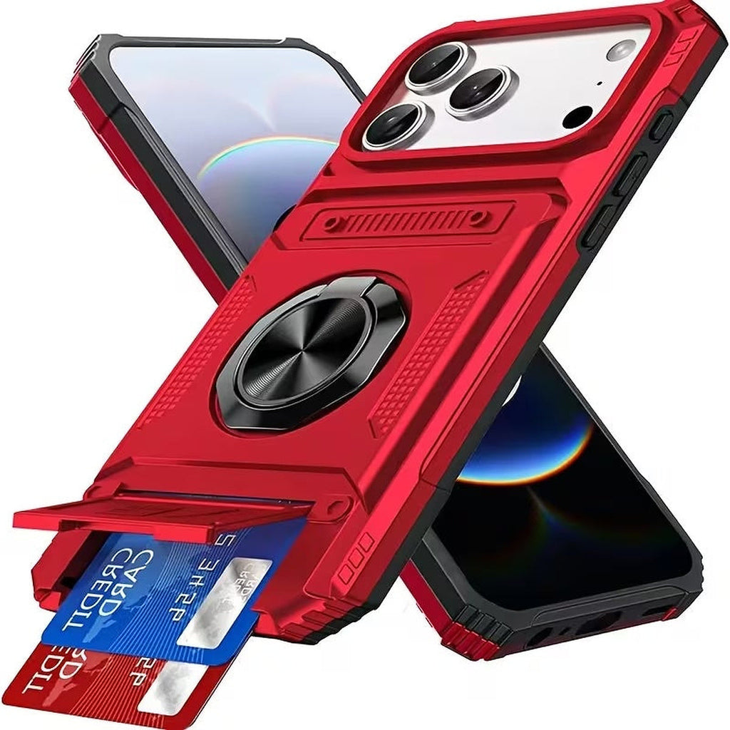 Red iPhone 17 Pro Max rugged case with metal ring stand and open concealed card compartment