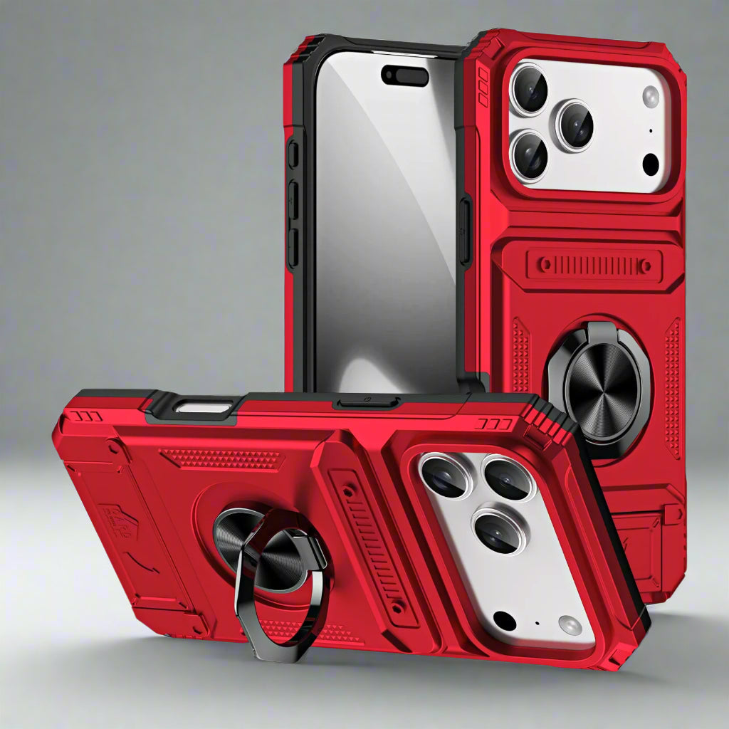 Red iPhone 17 Pro Max card holder case showing front, rear and extended ring kickstand