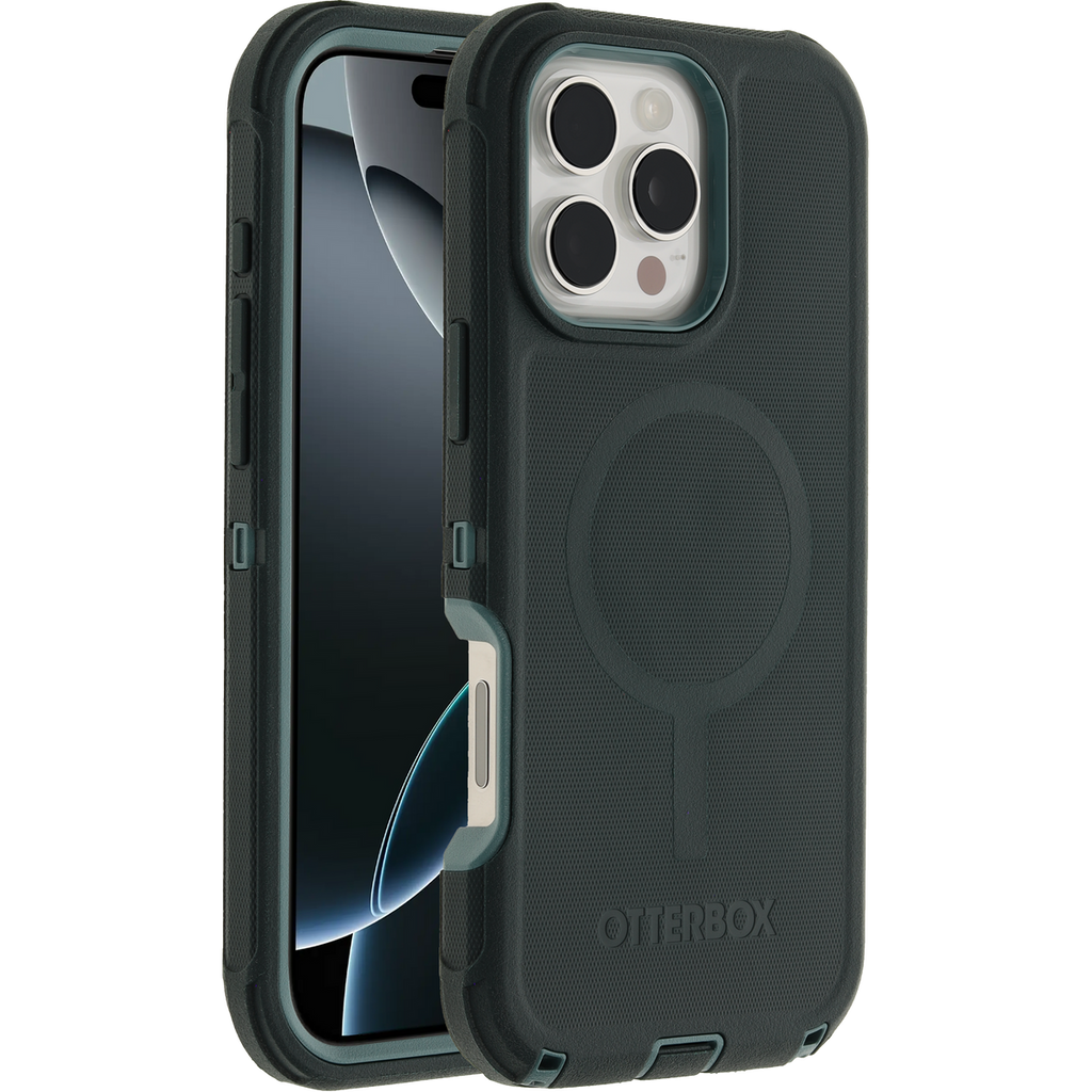 OtterBox Defender MagSafe case for iPhone 16 Pro Max in Sagebrush Green, front and rear view