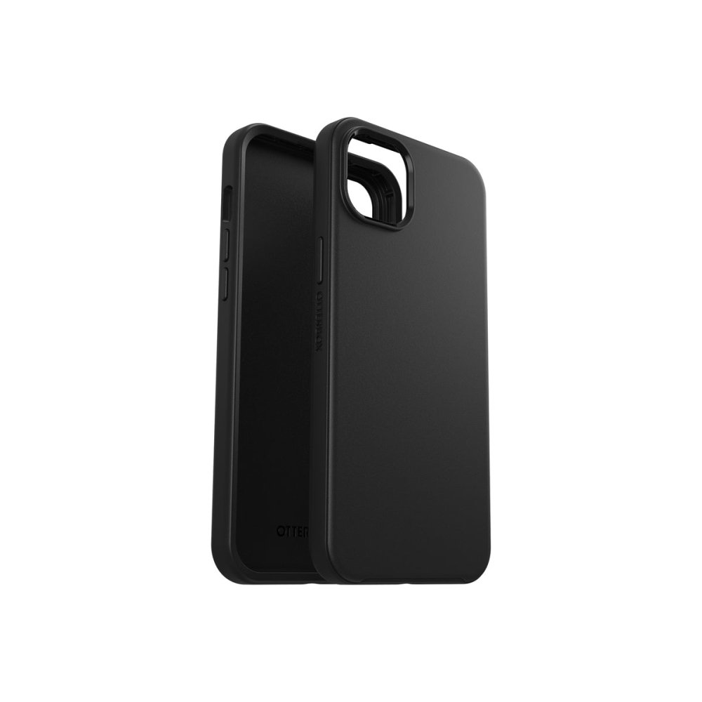 OtterBox Symmetry case for iPhone 14 Plus in black, front and rear case views