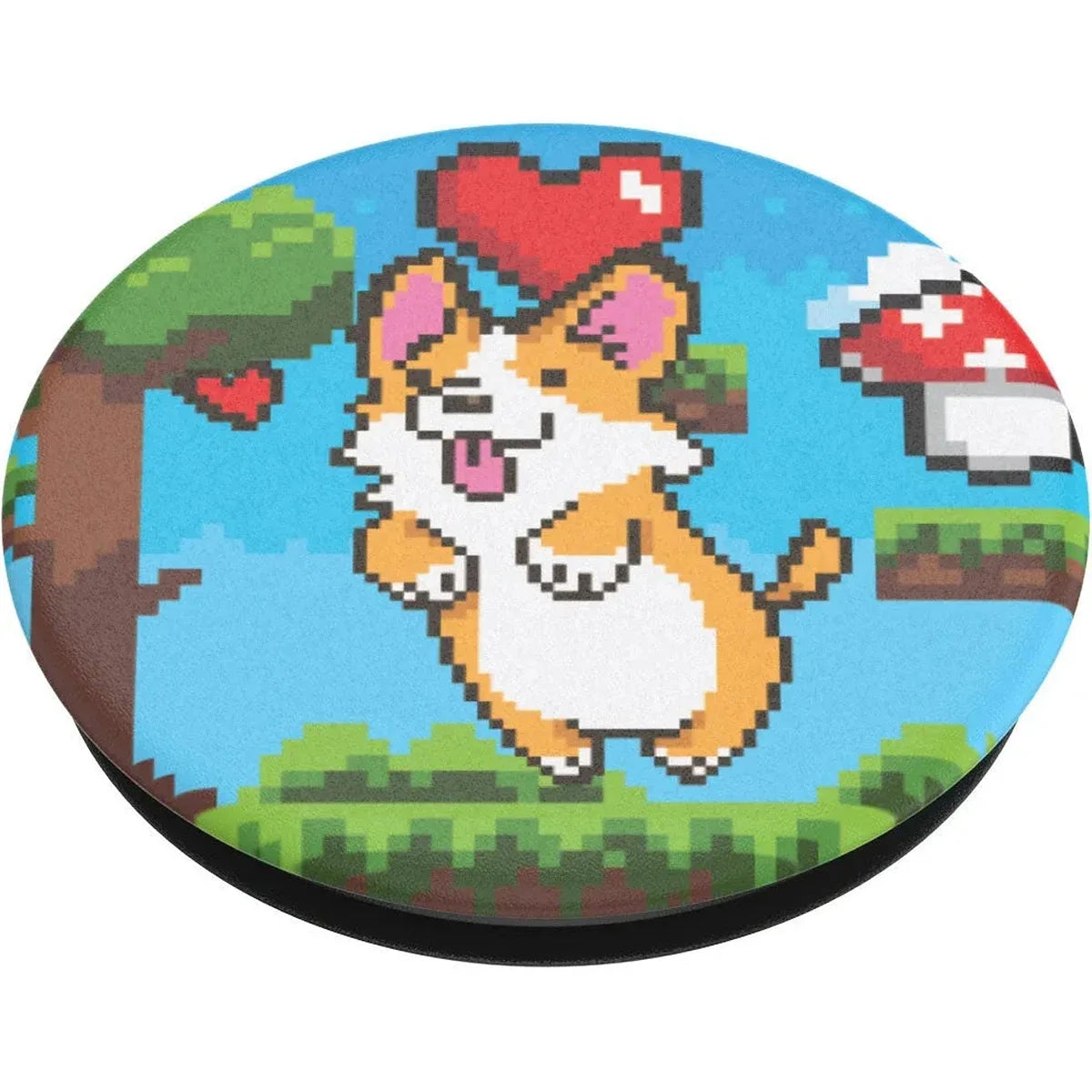 PopSockets CorgiBit PopGrip in collapsed position, multicolour pixel-art corgi