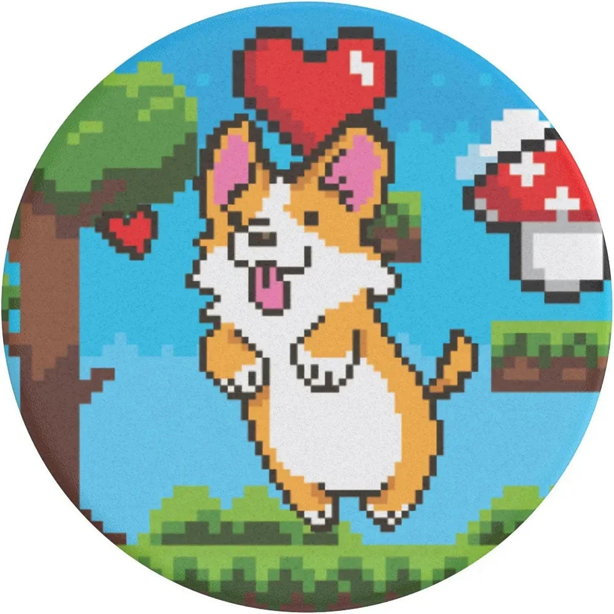 Front detail of PopSockets CorgiBit PopGrip with corgi, hearts, tree and mushroom pixel artwork