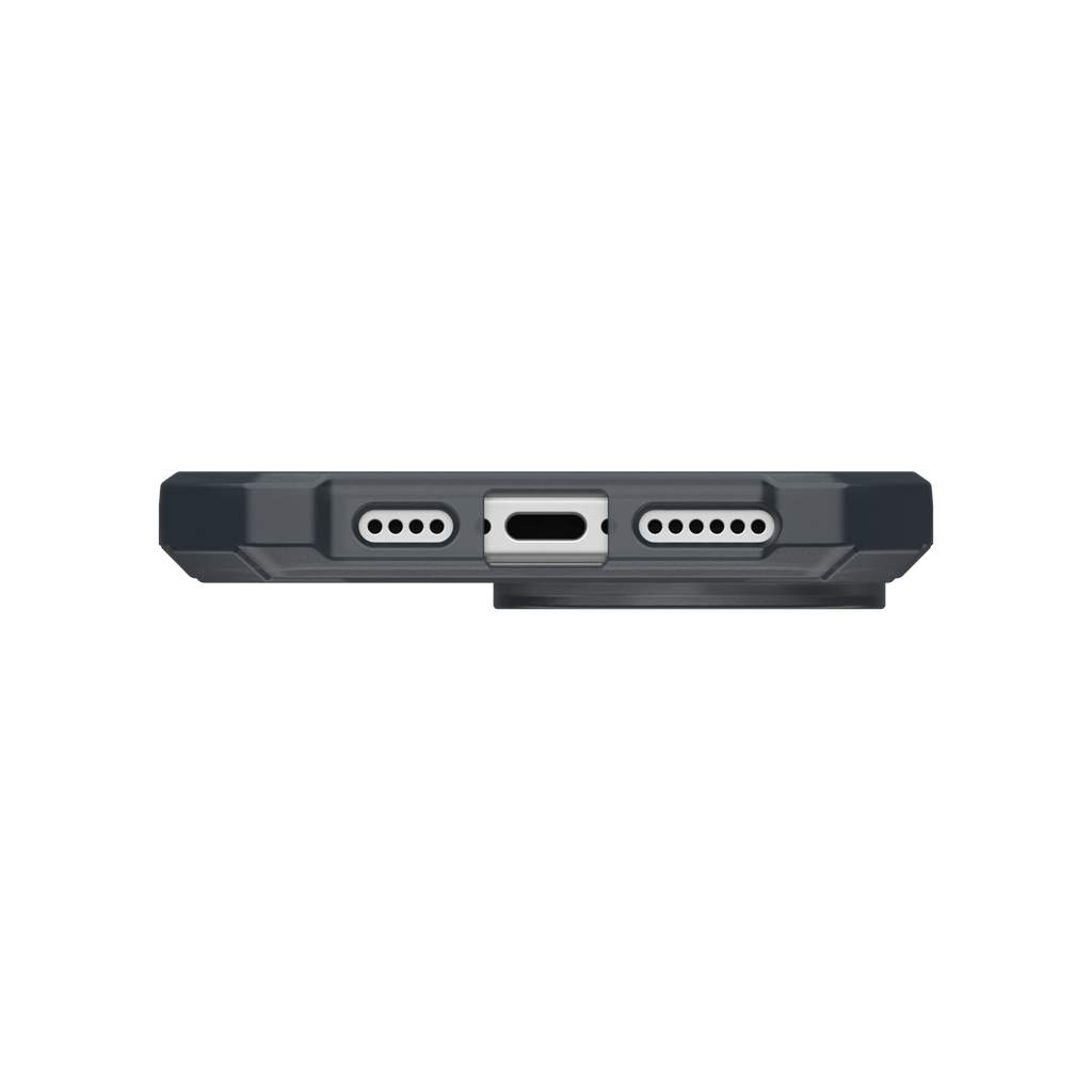 UAG 114449113131 Essential Armor MagSafe case for iPhone 16 Pro Max in Ash – bottom view showing charging port and speaker openings