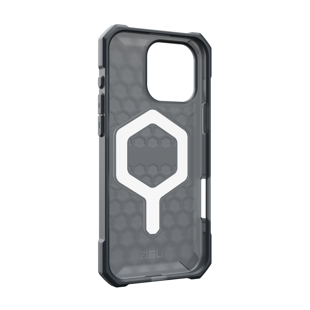 UAG 114449113131 Essential Armor MagSafe case for iPhone 16 Pro Max in Ash – interior angled view showing magnetic ring and shock-absorbing pattern