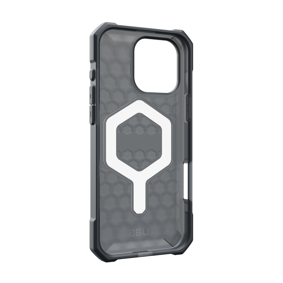 UAG 114449113131 Essential Armor MagSafe case for iPhone 16 Pro Max in Ash – interior angled view showing magnetic ring and shock-absorbing pattern
